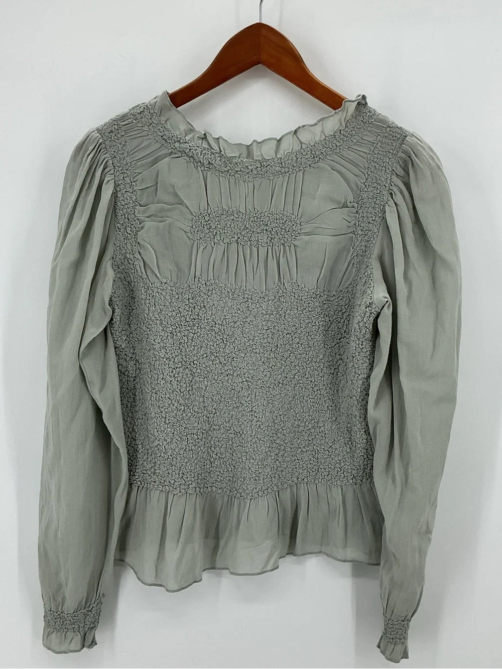 Anthropologie Balloon Sleeve Smocked Peplum Blouse Sage Green Size S - Picture 4 of 11